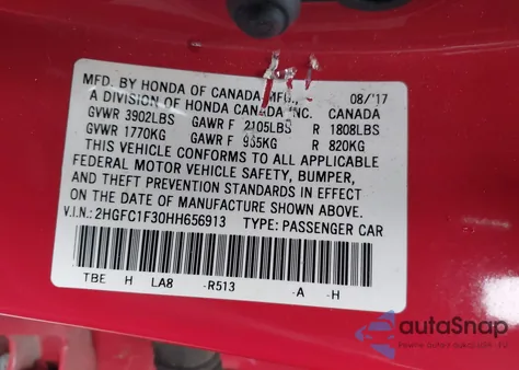 2017 Honda Civic Ex-T from USA, damaged, VIN 2HGFC1F30HH656913